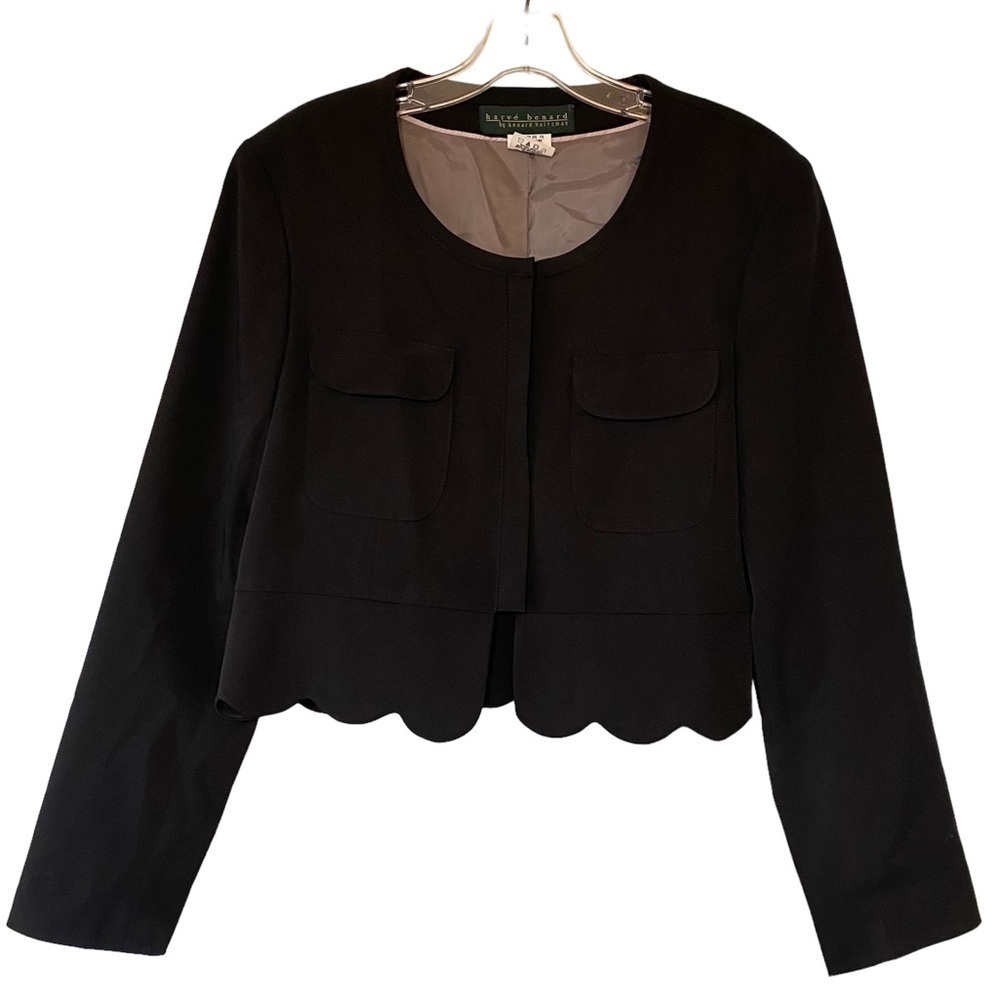 Harve Benard Scalloped Blazer Jacket Cropped Black Sz 12